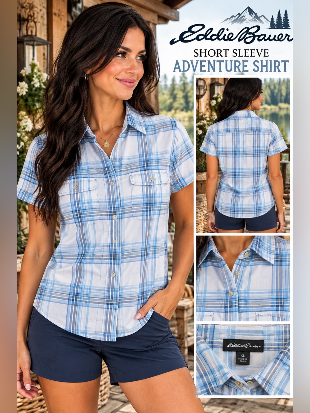 Eddie Bauer Blue and White Plaid Short Sleeve Button-Down Shirt